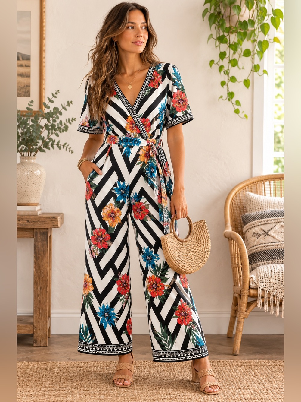 Flying Tomato Black & White Floral Chevron Wide Leg Jumpsuit | Boho Resort |